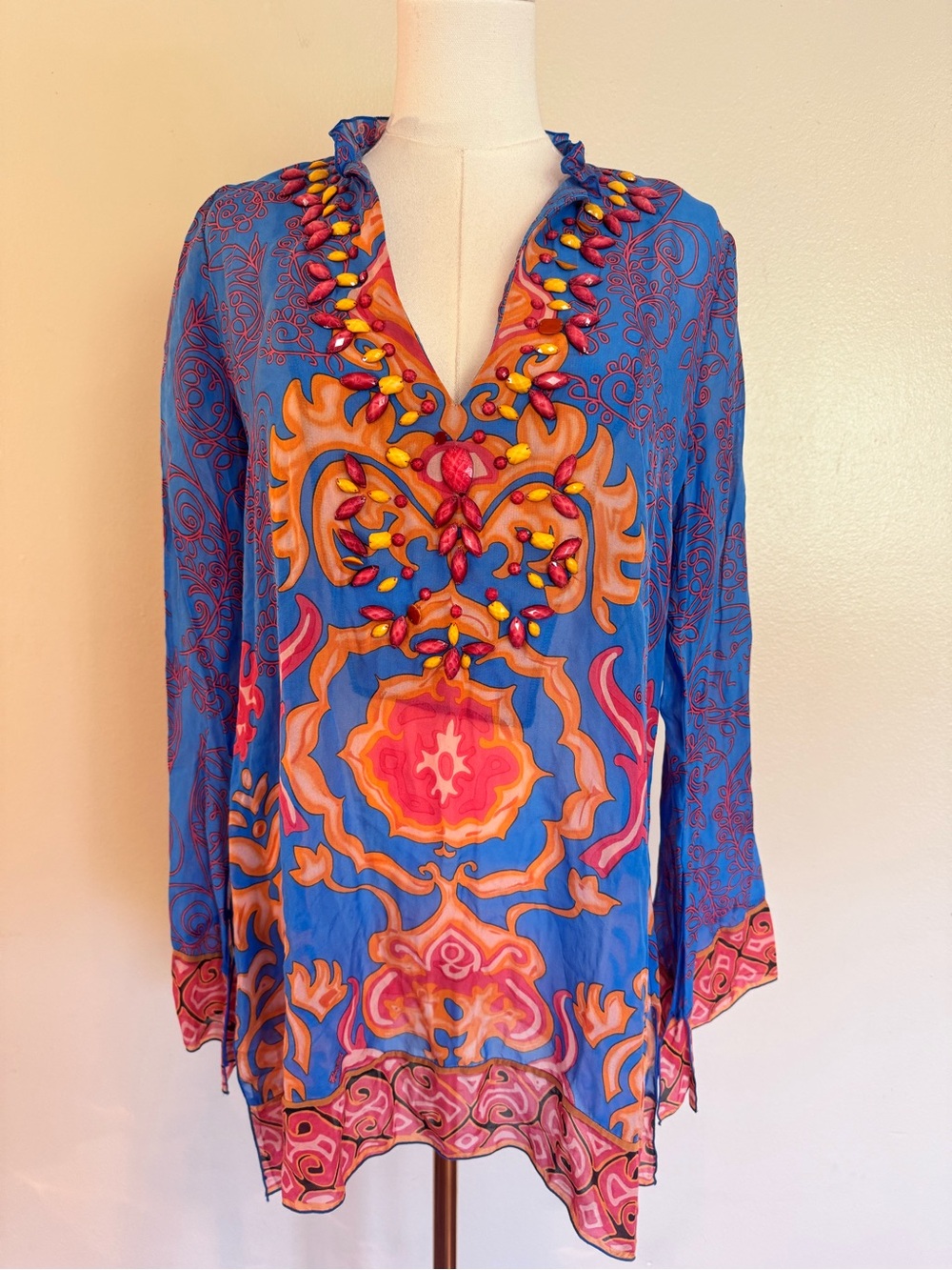 Hale Bob Cabana 100% Silk Beaded Blue Tunic with Orange and Print